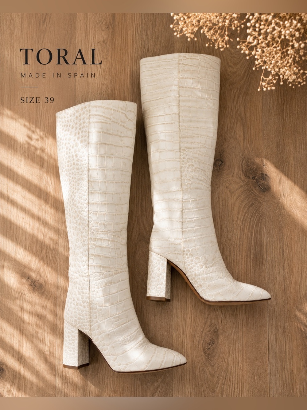Toral Croc Embossed Knee High Boots Ivory Leather Block Heel Size 39